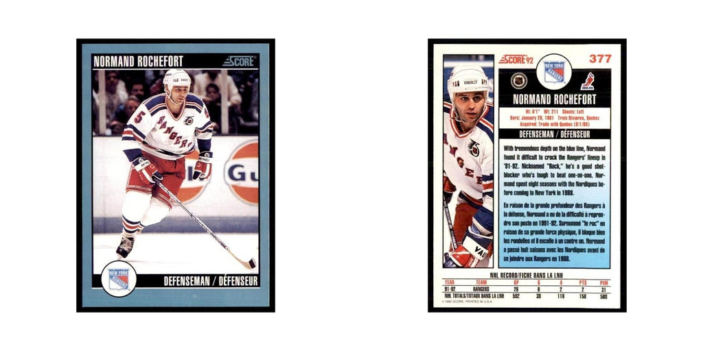 1992 Score Canadian Normand Rochefort New York Rangers #377