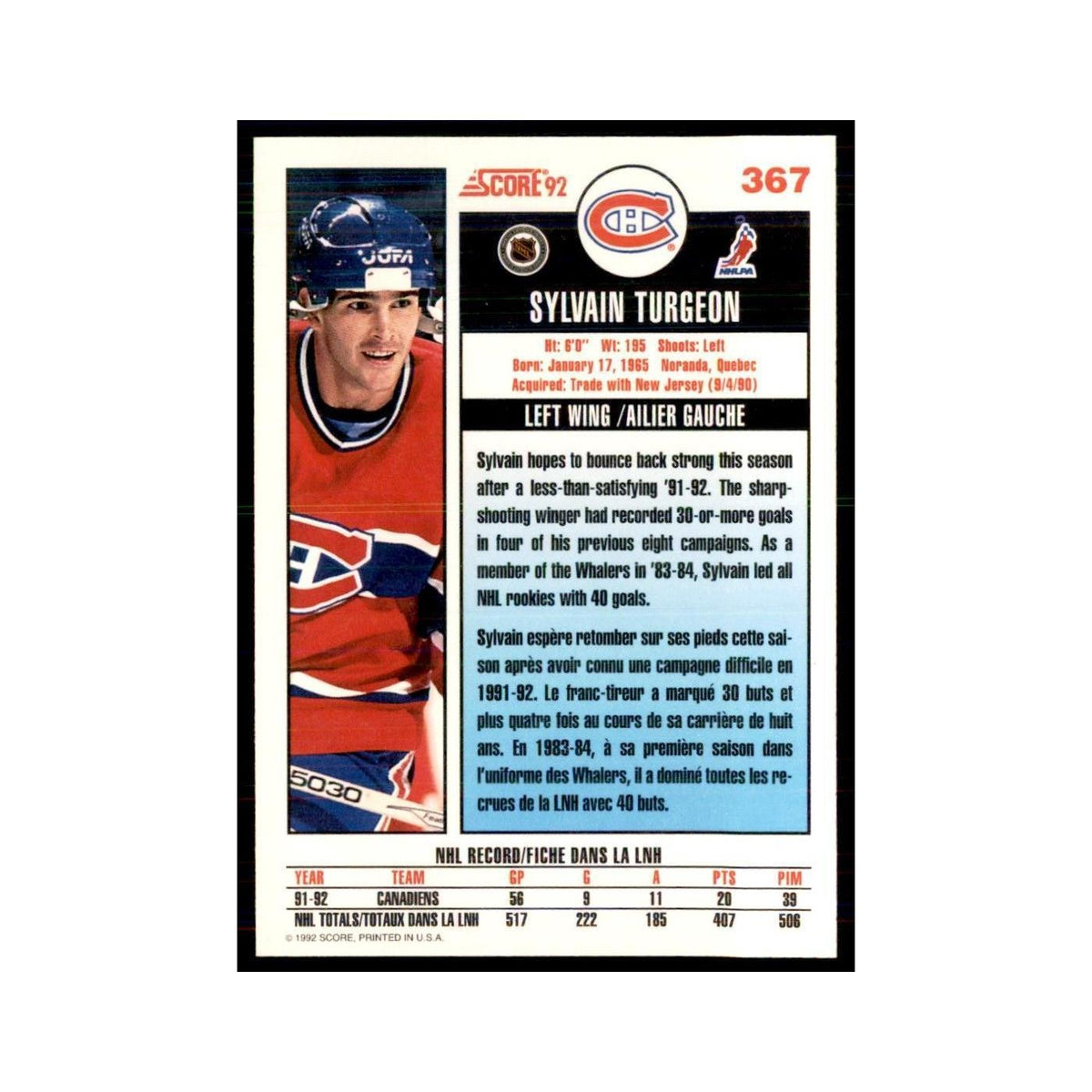 1992 Score Canadian Sylvain Turgeon Montreal Canadiens #367