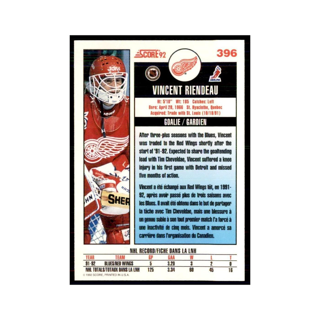 1992 Score Canadian Vincent Riendeau Detroit Red Wings #396