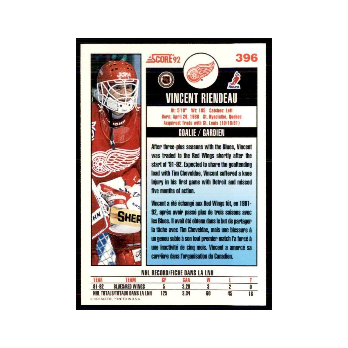 1992 Score Canadian Vincent Riendeau Detroit Red Wings #396