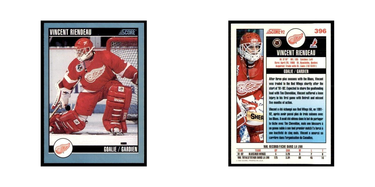 1992 Score Canadian Vincent Riendeau Detroit Red Wings #396
