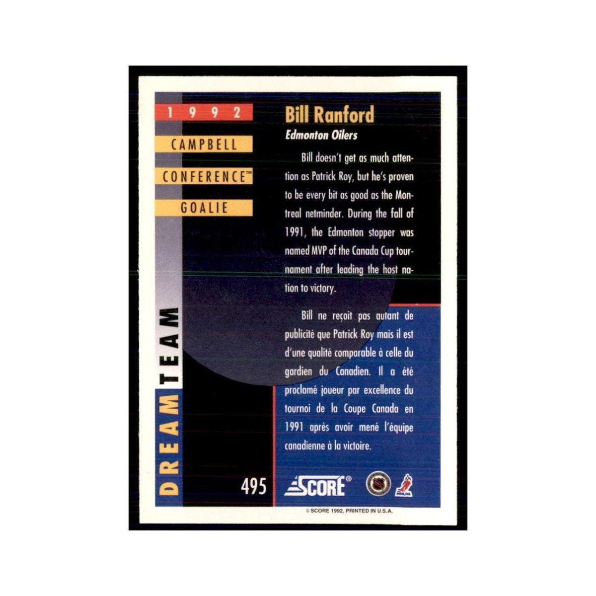 1992 Score Canadian Bill Ranford Edmonton Oilers #495
