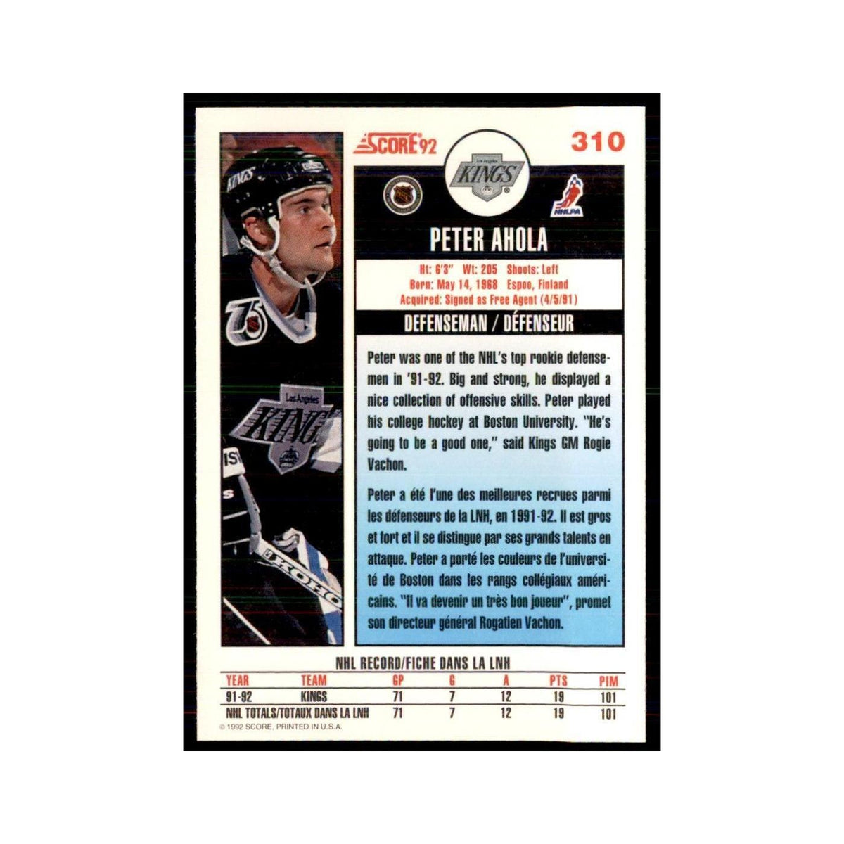 1992 Score Canadian Peter Ahola Los Angeles Kings #310