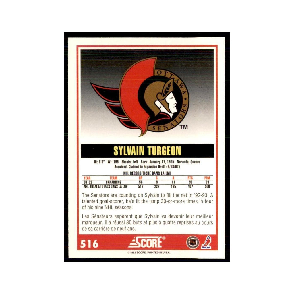 1992 Score Canadian Sylvain Turgeon Ottawa Senators #516