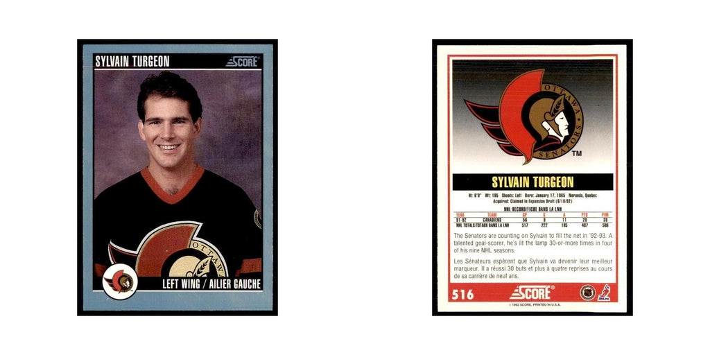 1992 Score Canadian Sylvain Turgeon Ottawa Senators #516