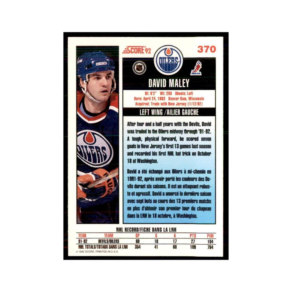 1992 Score Canadian David Maley Edmonton Oilers #370