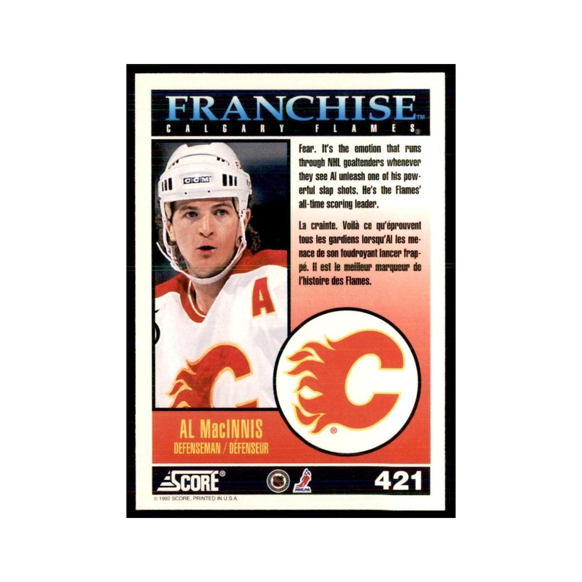 1992 Score Canadian Al MacInnis Calgary Flames #421