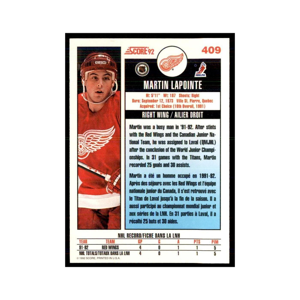1992 Score Canadian Martin Lapointe Detroit Red Wings #409
