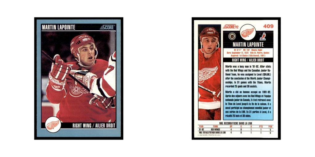 1992 Score Canadian Martin Lapointe Detroit Red Wings #409