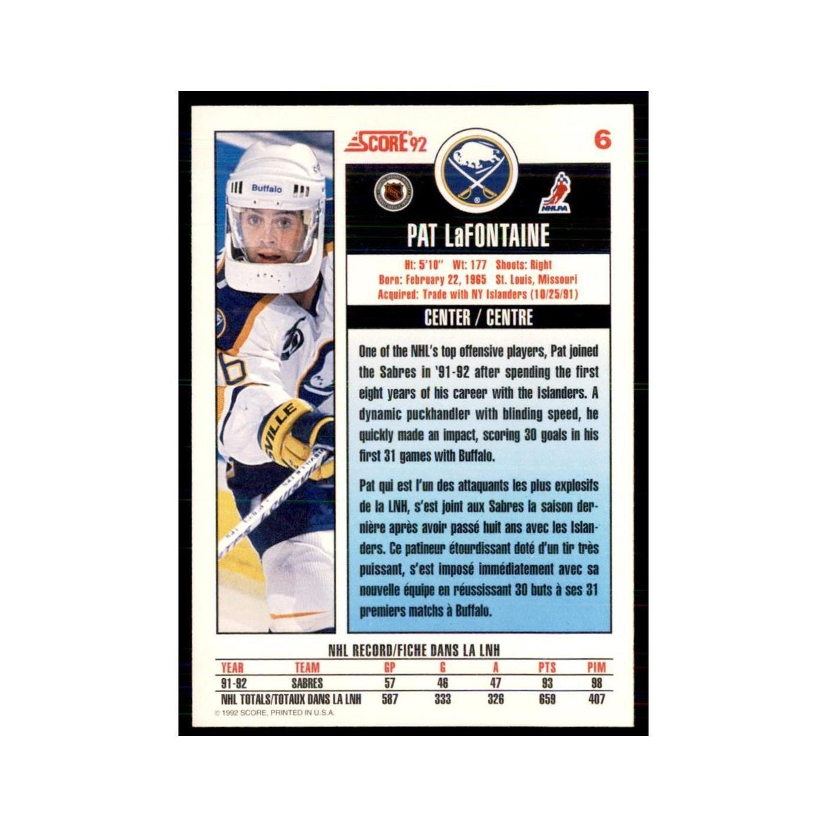 1992 Score Canadian Pat LaFontaine Buffalo Sabres #6