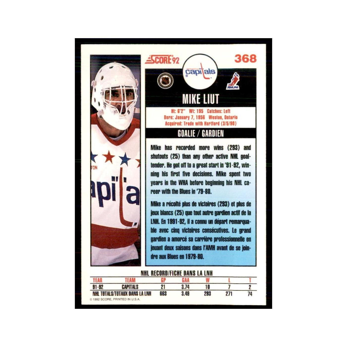 1992 Score Canadian Mike Liut Washington Capitals #368
