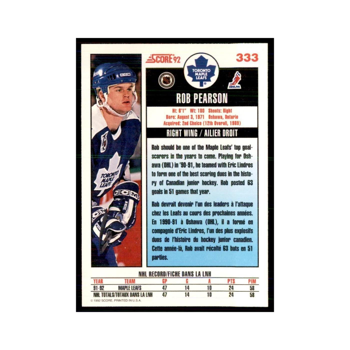 1992 Score Canadian Rob Pearson Toronto Maple Leafs #333