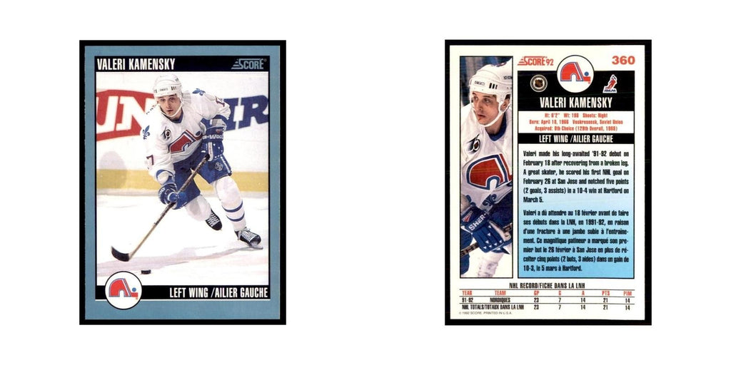 1992 Score Canadian Valeri Kamensky Quebec Nordiques #360