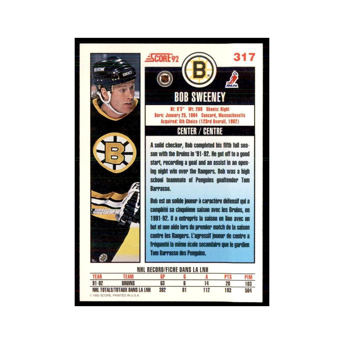 1992 Score Canadian Bob Sweeney Boston Bruins #317
