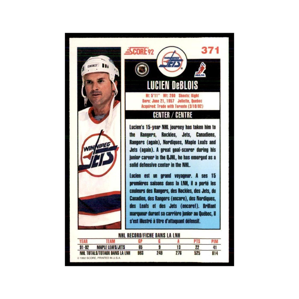 1992 Score Canadian Lucien Deblois Winnipeg Jets #371