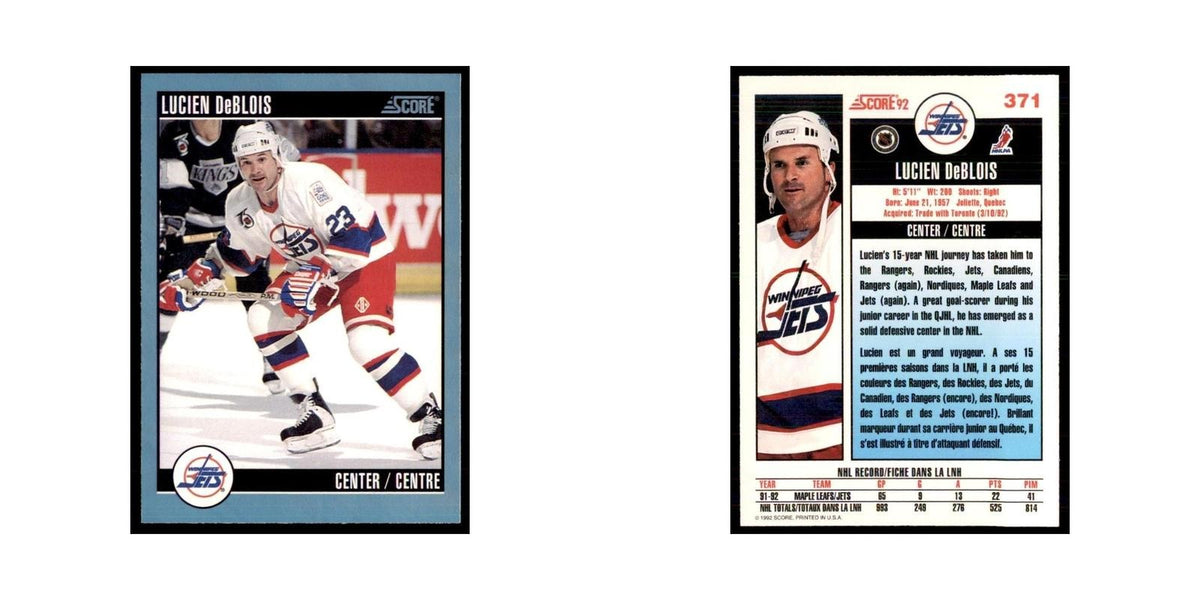 1992 Score Canadian Lucien Deblois Winnipeg Jets #371