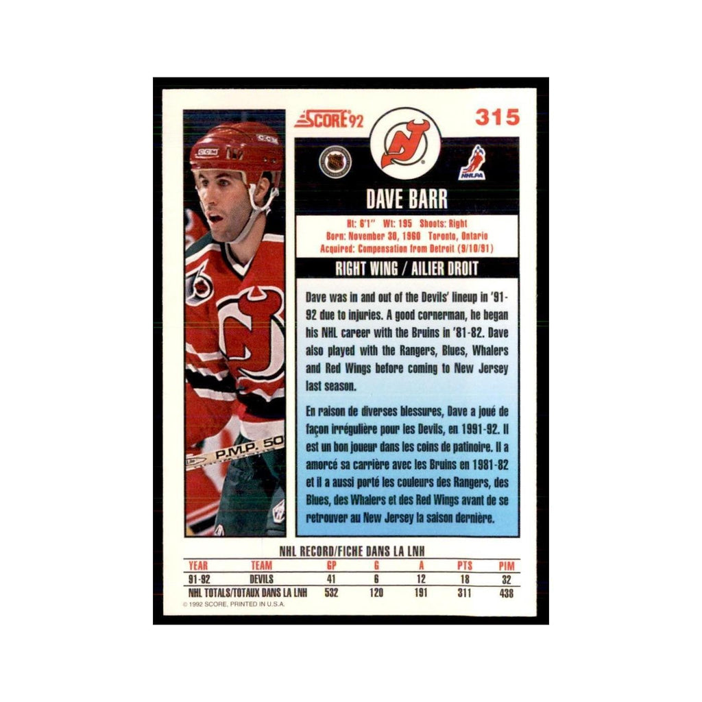 1992 Score Canadian Dave Barr New Jersey Devils #315