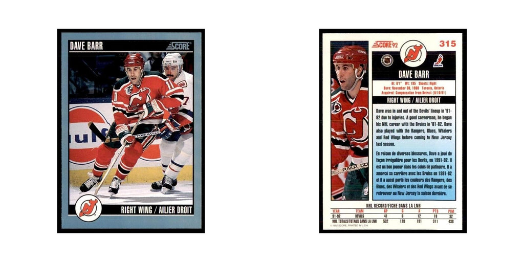 1992 Score Canadian Dave Barr New Jersey Devils #315