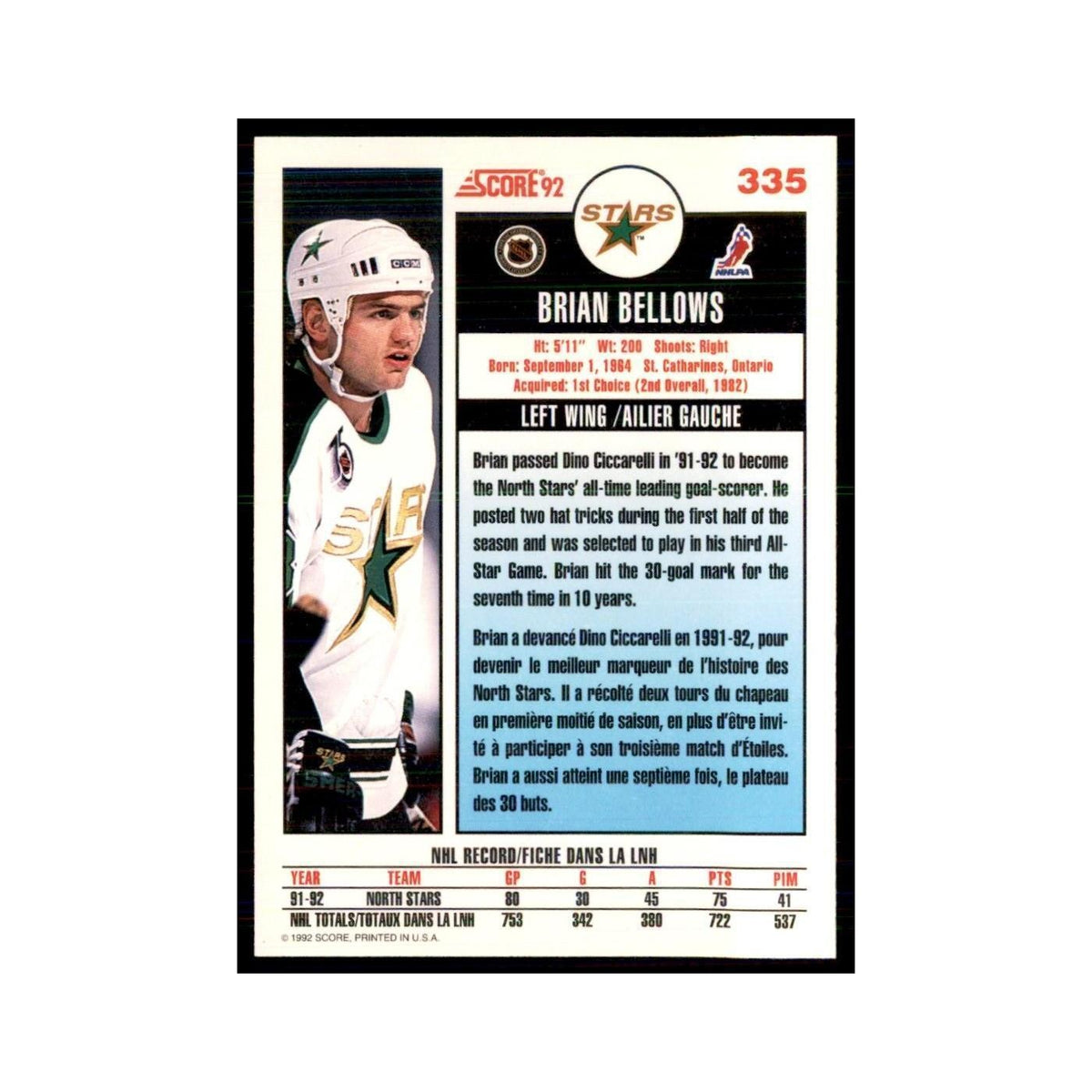 1992 Score Canadian Brian Bellows Minnesota North Stars #335