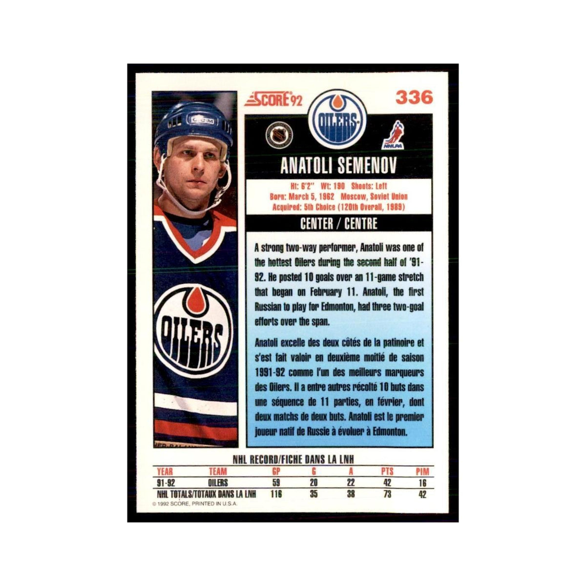 1992 Score Canadian Anatoli Semenov Edmonton Oilers #336