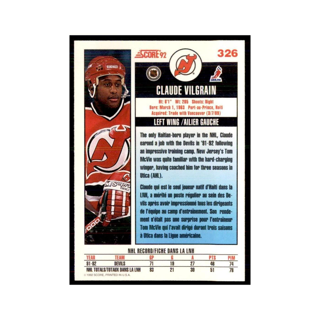 1992 Score Canadian Claude Vilgrain New Jersey Devils #326