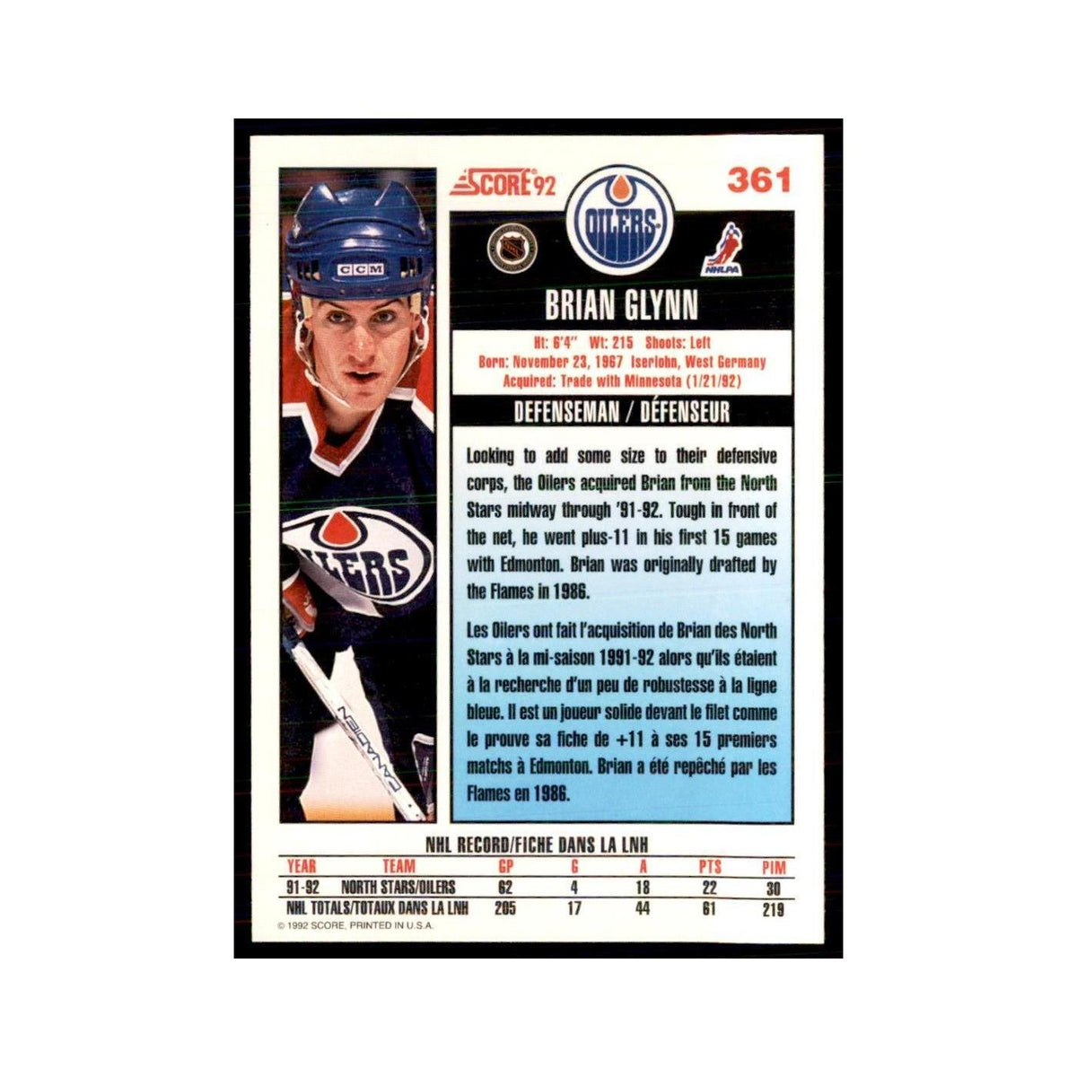 1992 Score Canadian Brian Glynn Edmonton Oilers #361
