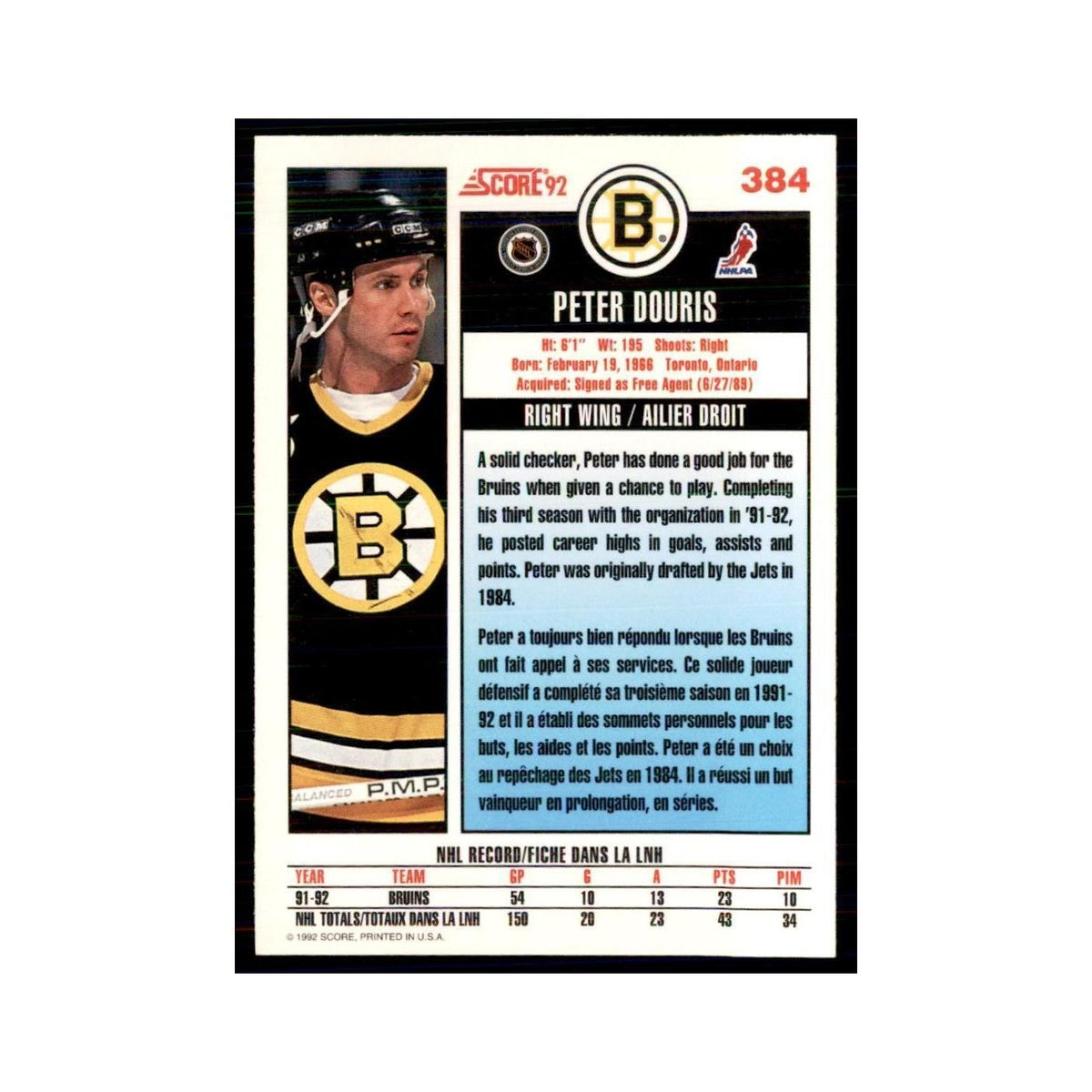 1992 Score Canadian Peter Douris Boston Bruins #384
