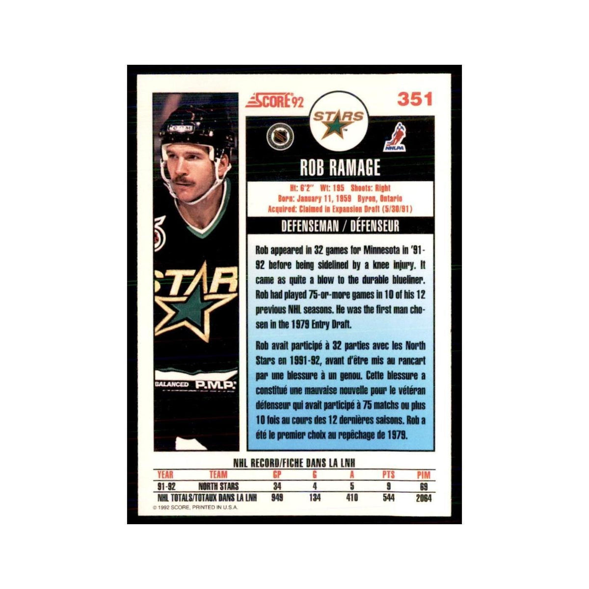 1992 Score Canadian Rob Ramage Minnesota North Stars #351