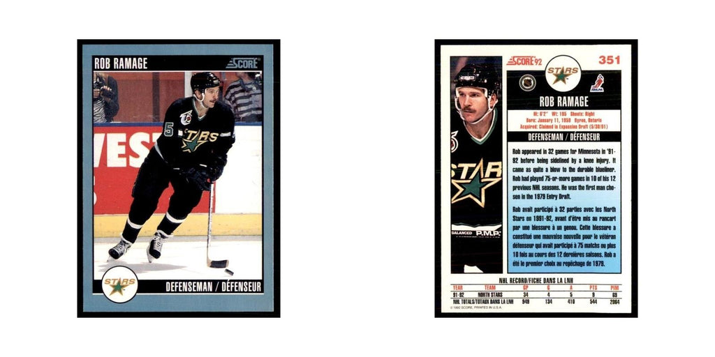 1992 Score Canadian Rob Ramage Minnesota North Stars #351