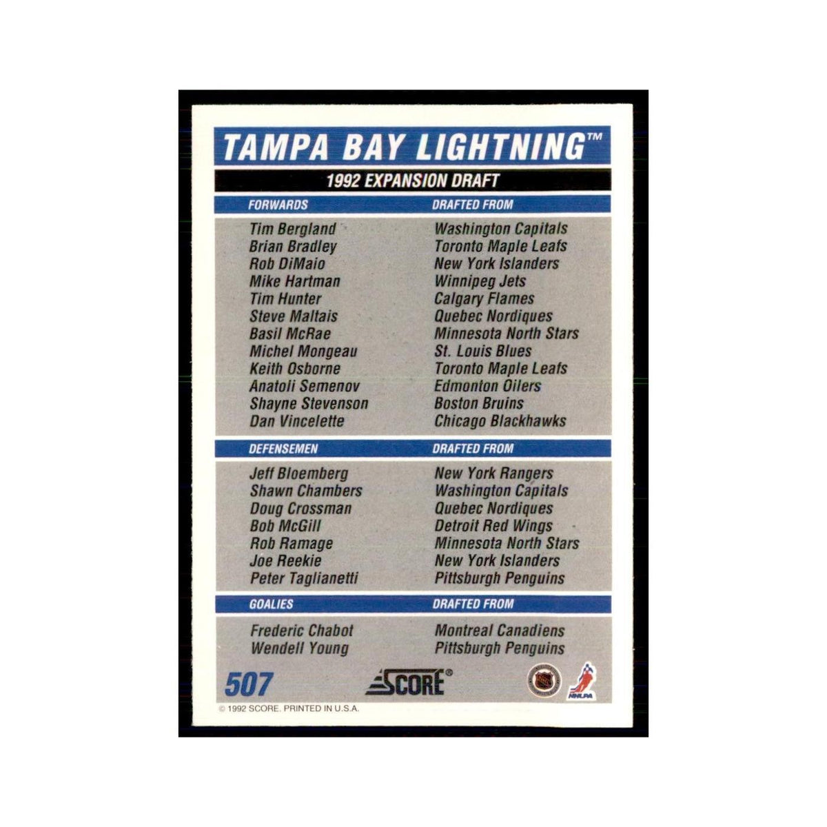 1992 Score Canadian Tampa Bay Lightning Logo Tampa Bay Lightning #507