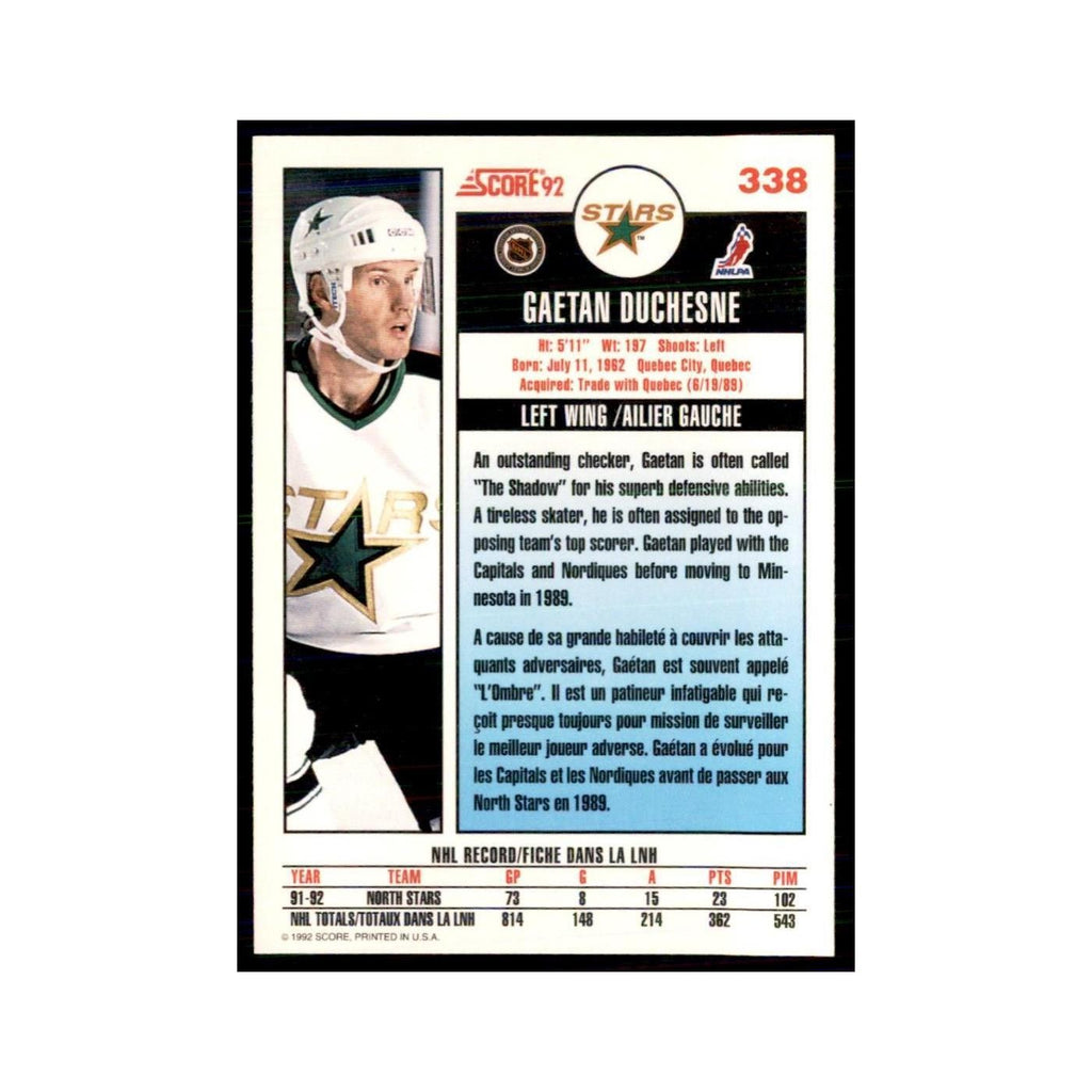 1992 Score Canadian Gaetan Duchesne Minnesota North Stars #338