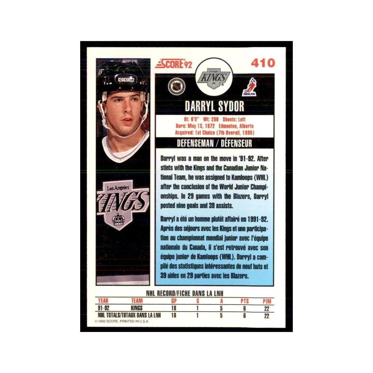 1992 Score Canadian Darryl Sydor Los Angeles Kings #410