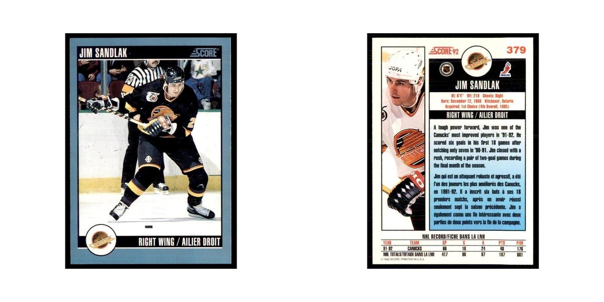 1992 Score Canadian Jim Sandlak Vancouver Canucks #379