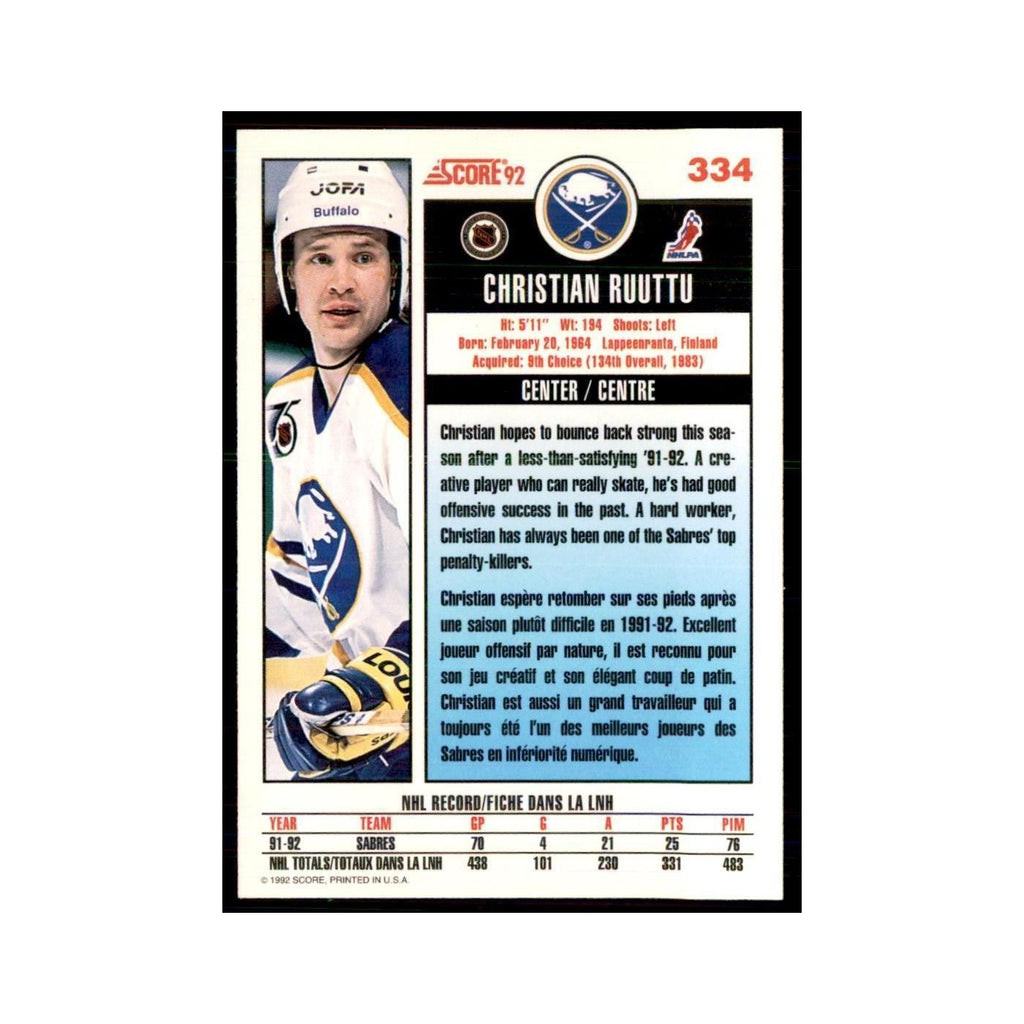 1992 Score Canadian Christian Ruuttu Buffalo Sabres #334