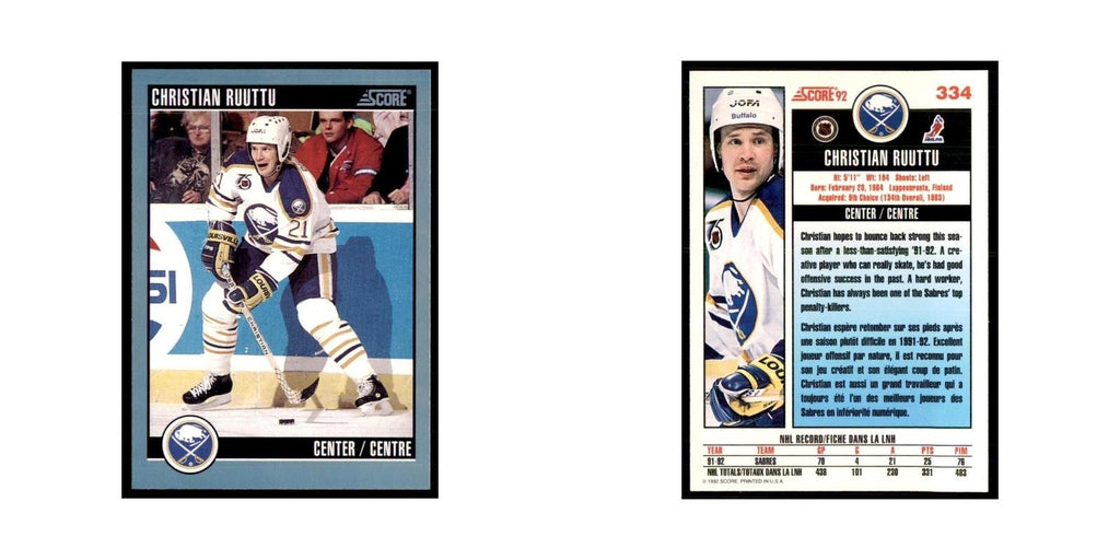 1992 Score Canadian Christian Ruuttu Buffalo Sabres #334