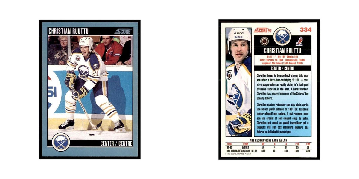 1992 Score Canadian Christian Ruuttu Buffalo Sabres #334