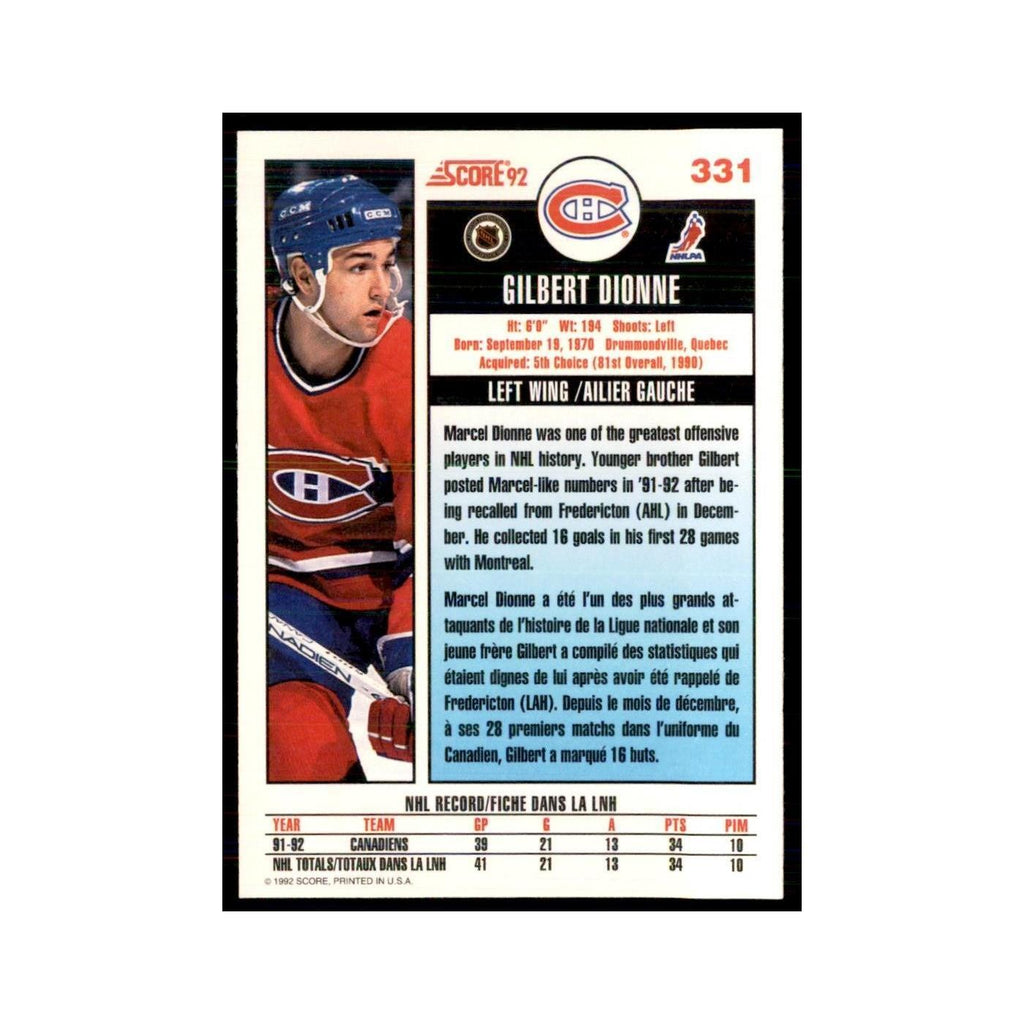 1992 Score Canadian Gilbert Dionne Montreal Canadiens #331