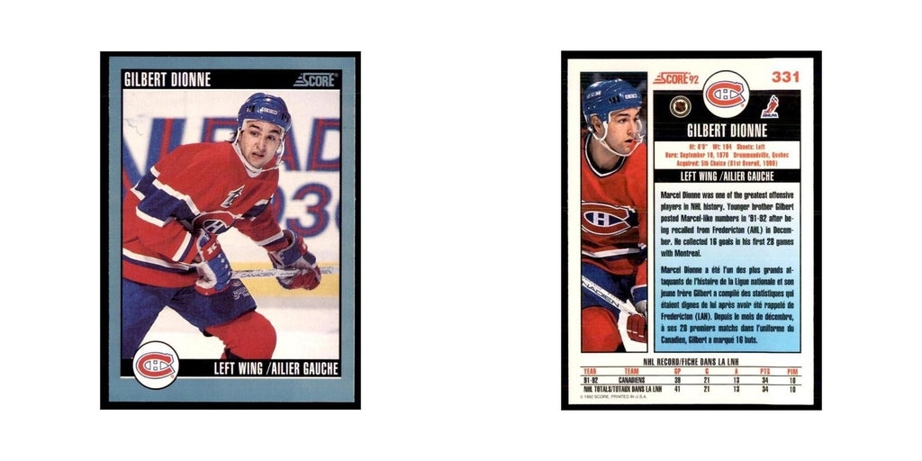 1992 Score Canadian Gilbert Dionne Montreal Canadiens #331
