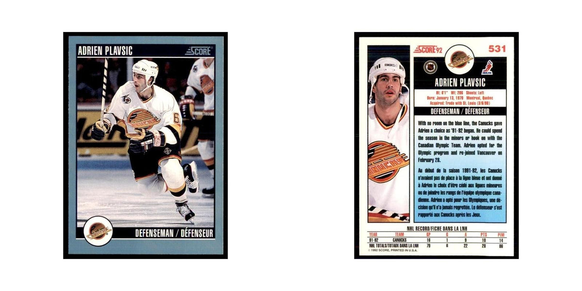 1992 Score Canadian Adrien Plavsic Canucks #531