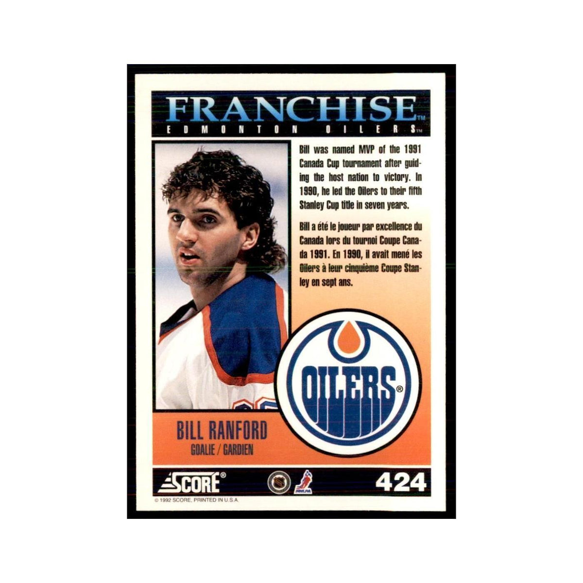 1992 Score Canadian Bill Ranford Edmonton Oilers #424