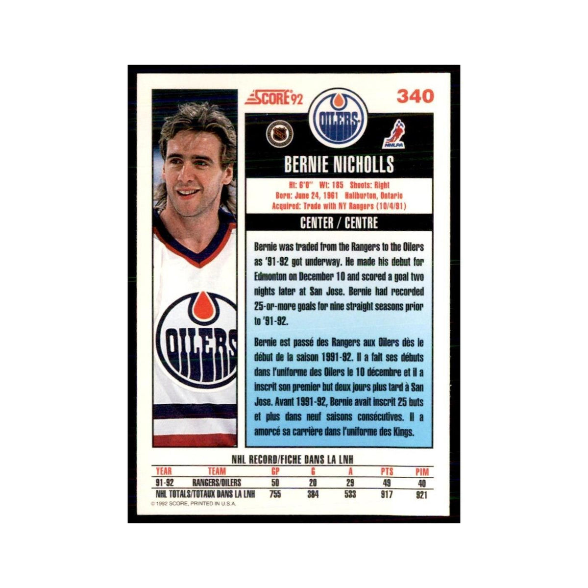 1992 Score Canadian Bernie Nicholls Edmonton Oilers #340