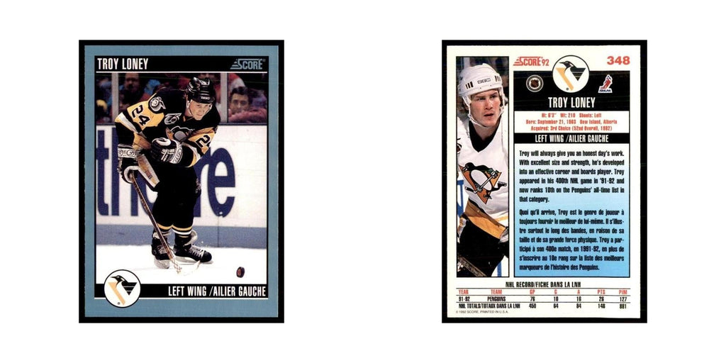 1992 Score Canadian Troy Loney Pittsburgh Penguins #348