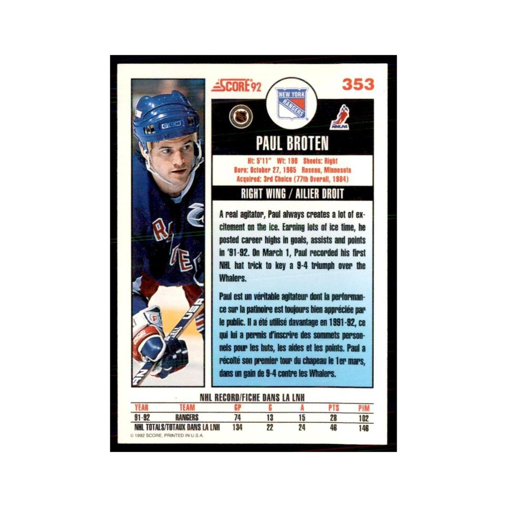 1992 Score Canadian Paul Broten New York Rangers #353