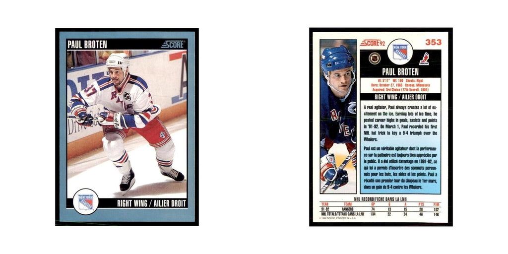 1992 Score Canadian Paul Broten New York Rangers #353