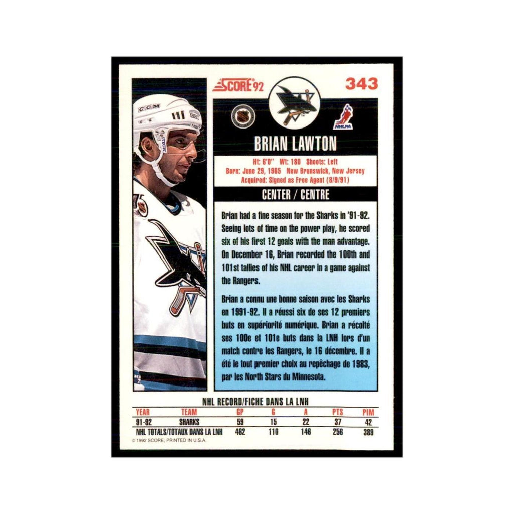 1992 Score Canadian Brian Lawton San Jose Sharks #343