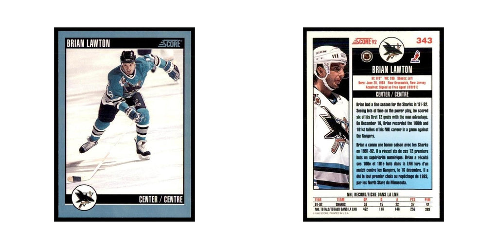 1992 Score Canadian Brian Lawton San Jose Sharks #343