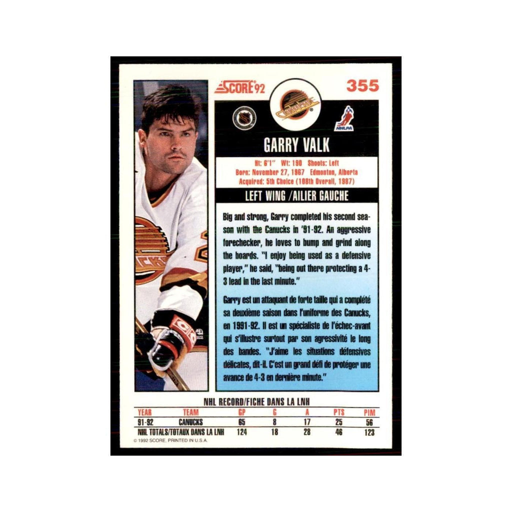 1992 Score Canadian Garry Valk Vancouver Canucks #355