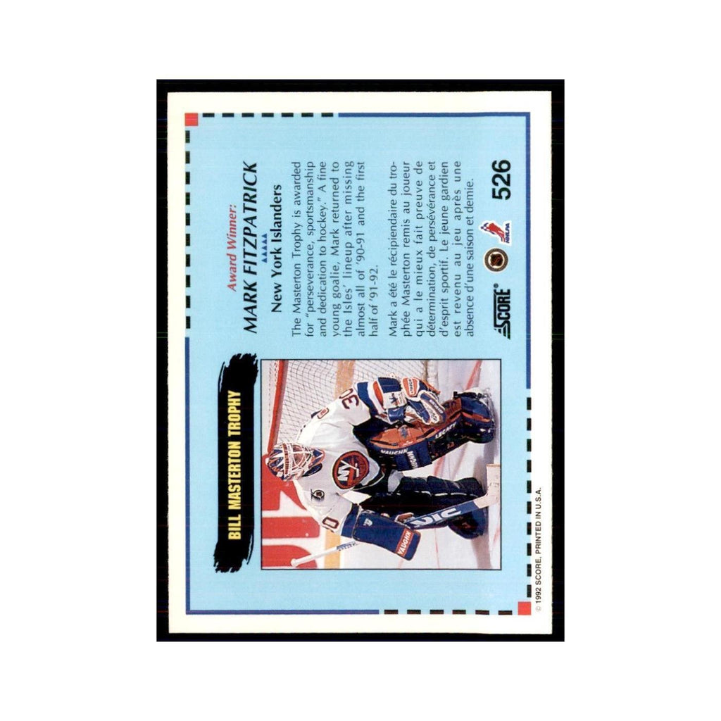 1992 Score Canadian Mark Fitzpatrick New York Islanders #526