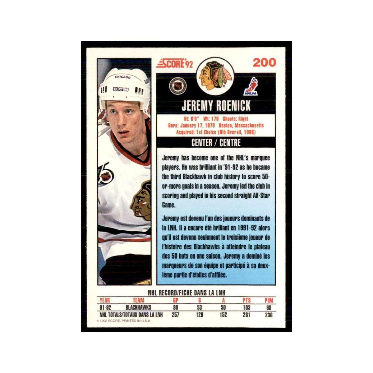 1992 Score Canadian Jeremy Roenick Chicago Blackhawks #200