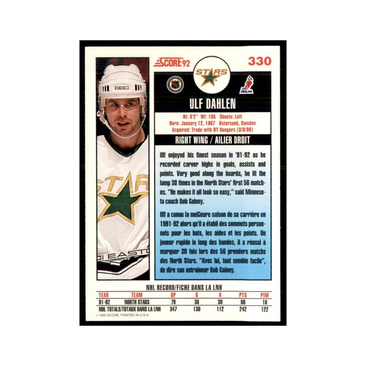 1992 Score Canadian Ulf Dahlen Minnesota North Stars #330